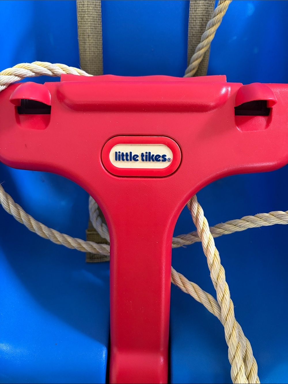 Blue Toddler Bucket Swing with Red Safety T-Bar by Little Tikes